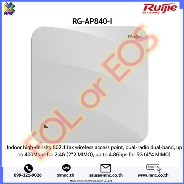 RG-AP840-I Indoor high-density 802.11ax wireless access point, dual-radio dual-band, up to 400Mbps for 2.4G (2*2 MIMO), up to 4.8Gbps for 5G (4*4 MIMO)