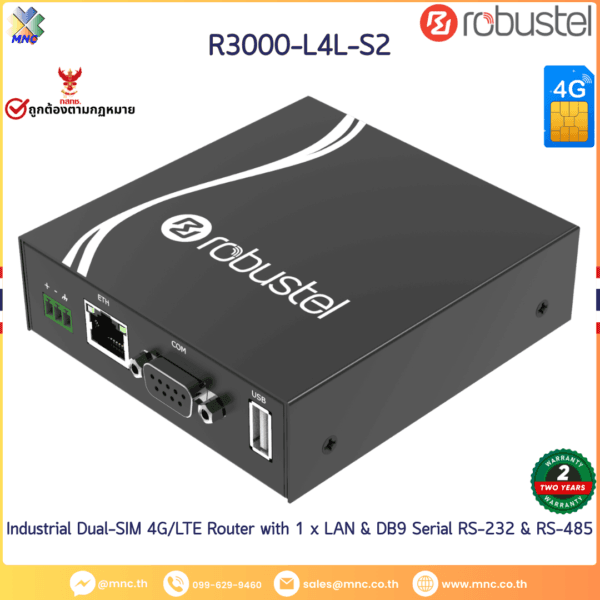 Robustel R3000-Lite Industrial Dual-SIM 4G/LTE Router with 1 x LAN & DB9 Serial RS-232 & RS-485