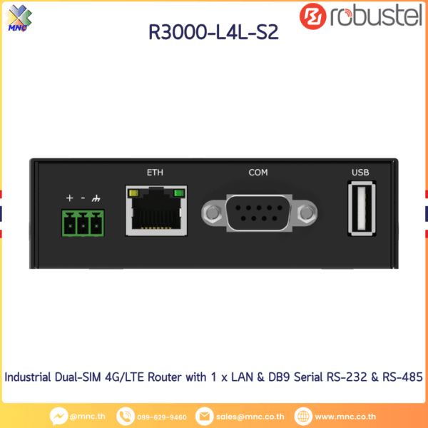 Robustel R3000-Lite Industrial Dual-SIM 4G/LTE Router with 1 x LAN & DB9 Serial RS-232 & RS-485