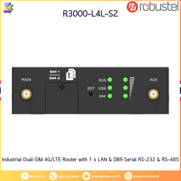 Robustel R3000-Lite Industrial Dual-SIM 4G/LTE Router with 1 x LAN & DB9 Serial RS-232 & RS-485