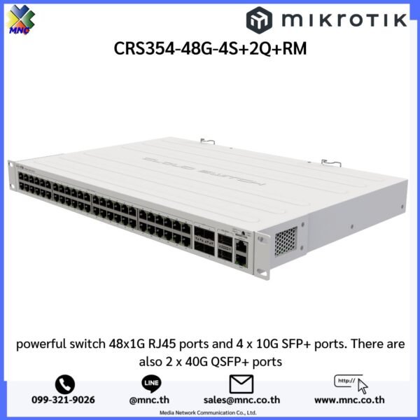 CRS354-48G-4S+2Q+RM powerful switch 48x1G RJ45 ports and 4 x 10G SFP+ ports. There are also 2 x 40G QSFP+ ports