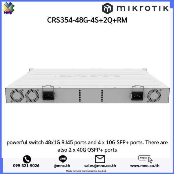 CRS354-48G-4S+2Q+RM powerful switch 48x1G RJ45 ports and 4 x 10G SFP+ ports. There are also 2 x 40G QSFP+ ports