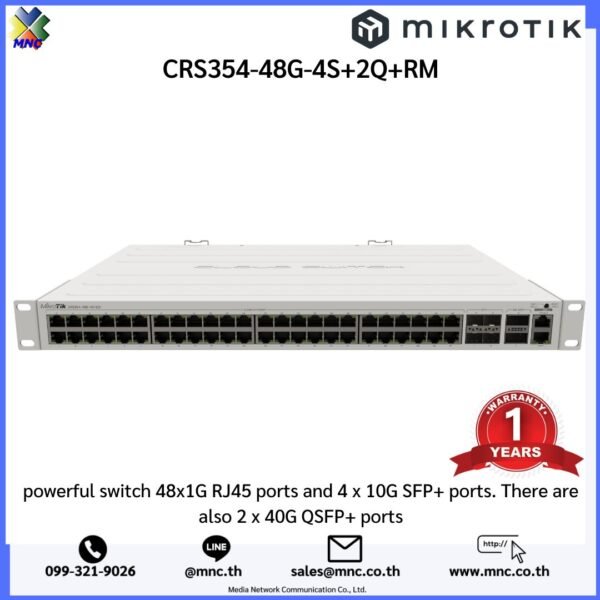 CRS354-48G-4S+2Q+RM powerful switch 48x1G RJ45 ports and 4 x 10G SFP+ ports. There are also 2 x 40G QSFP+ ports