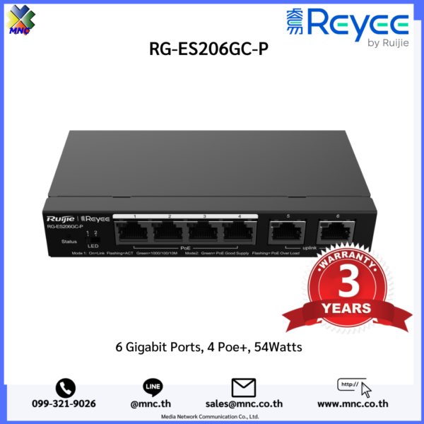 RG-ES206GC-P, (EOL) Reyee 6-Port Gigabit Smart POE Switch, 4 PoE/POE+ Ports with 1 Gigabit RJ45 uplink ports, 54W PoE power budget - Image 2