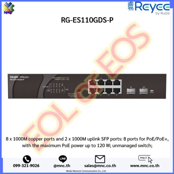RG-ES110GDS-P 8 x 1000M copper ports and 2 x 1000M uplink SFP ports: 8 ports for PoE/PoE+, with the maximum PoE power up to 120 W; unmanaged switch