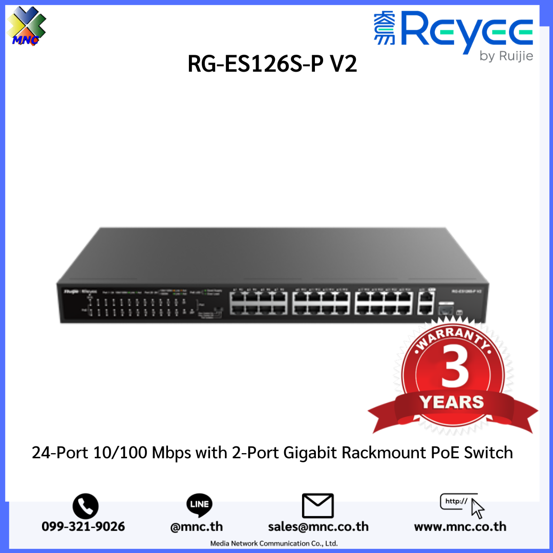 RG-ES126S-P V2,Reyee 24-Port 10/100 Mbps with 2-Port Gigabit Rackmount PoE Switch