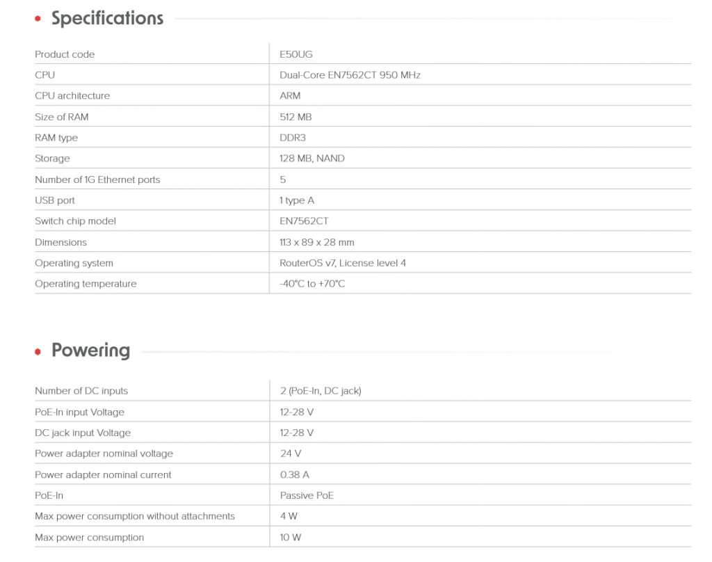 E50UG มาใหม่กับ Hardware upgrade 5 Ports Gigabit, ARM CPU Dual-Core 950 MHz, RAM 512 MB, Storage 128 MB และ USB-A มาพร้อม RouterOS V7
