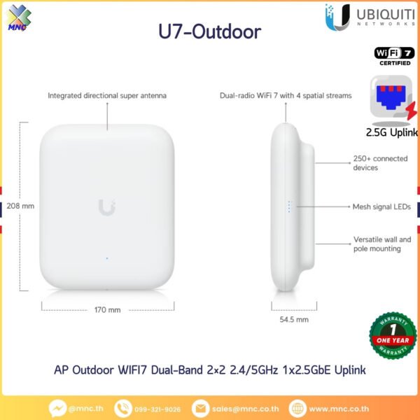 U7-Outdoor, UBiQUiTi AP WiFi7 2x2 2.4/5GHz 2.5GbE Outdoor/Pole IPX6