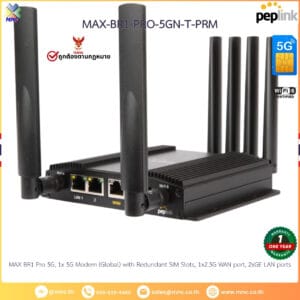 PEPLINK MAX BR1 Pro 5G, 1x 5G Modem with Redundant SIM Slots , 1x Ethernet WAN (can act as a LAN port if needed), 2x2 MIMO Simultaneous Dual-Band, Wi-Fi 6, 1Gbps Router Throughput, Full antenna set