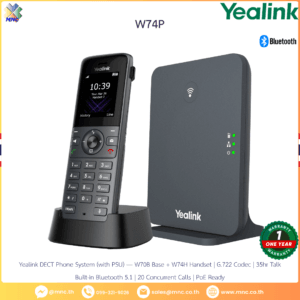 W74P Yealink DECT Phone System (with PSU) — W70B Base + W74H Handset | G.722 Codec | 35hr Talk Built-in Bluetooth 5.1 | 20 Concurrent Calls | PoE Ready