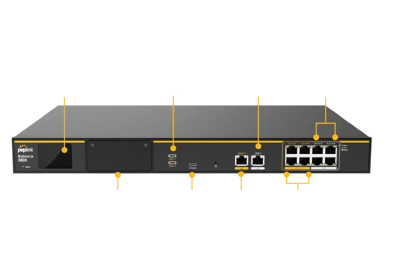 Peplink Balance 580X front specification sheet with port layout